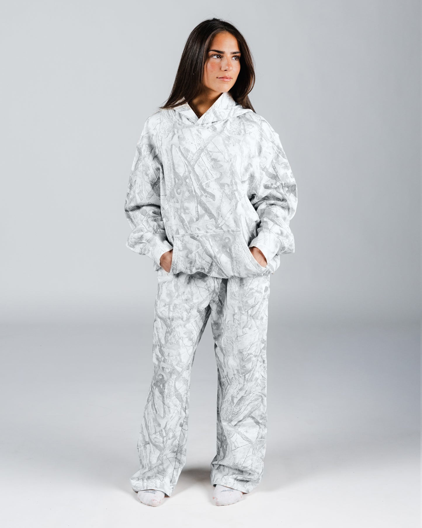 size: Model is 5'4 wearing size S | color: Snow Camo